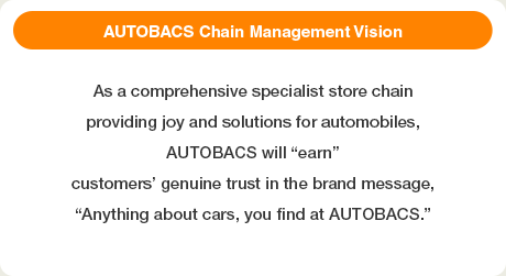 AUTOBACS Chain Management Vision: As a comprehensive specialist store chainproviding joy and solutions for automobiles,AUTOBACS will “earn”customers’ genuine trust in the brand message,“Anything about cars, you find at AUTOBACS.”