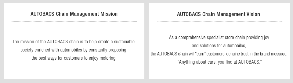 AUTOBACS Chain Management Mission:The mission of the AUTOBACS chain is to help create a sustainable society enriched with automobiles by constantly proposing the best ways for customers to enjoy motoring. AUTOBACS Chain Management Vision:As a comprehensive specialist store chain providing joy and solutions for automobiles, the AUTOBACS chain will “earn” customers’ genuine trust in the brand message, “Anything about cars, you find at AUTOBACS.”