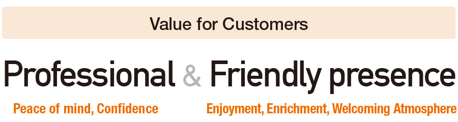 Value for Customers | Professional(Peace of mind, Confidence) × Friendly presence(Enjoyment, Enrichment, Welcoming Atmosphere)